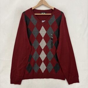 Apt. 9 Sweater Mens XL Red Argyle V Neck Merino Wool Blend Knit Top Grandpa